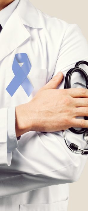 Doctor hands holding Light blue ribbon,  Prostate Cancer Awareness